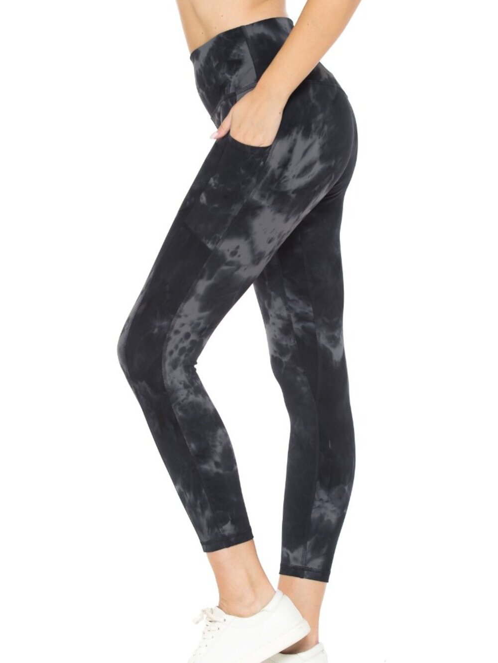 Women Premium 240GSM 7/8 Length Active Leggings w/Pockets Tie Dye Blk/Grey S-XL